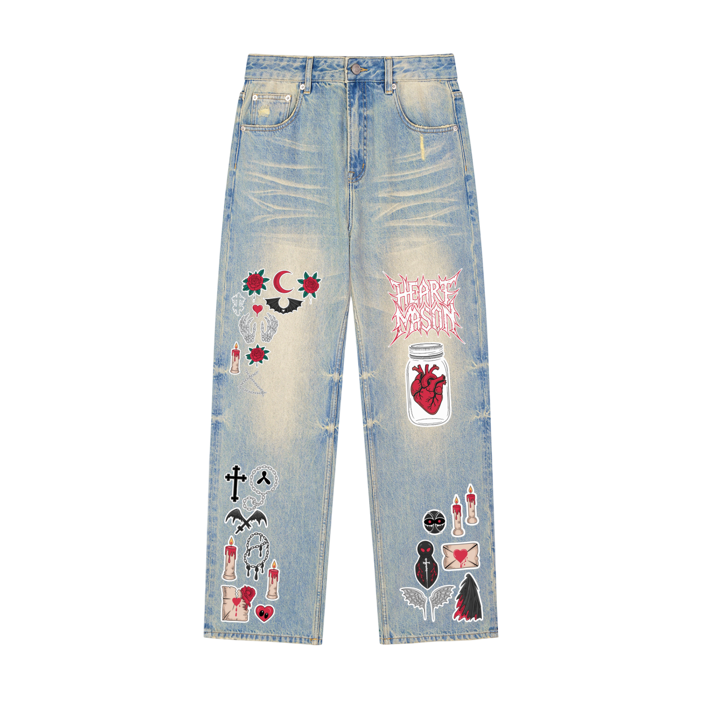 Heart Mason Sun Fade Raw Hem Denim Jeans