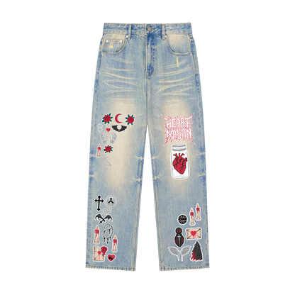 Heart Mason Sun Fade Raw Hem Denim Jeans