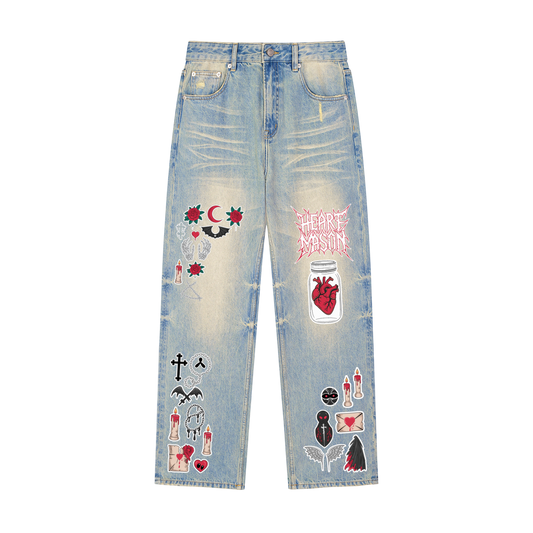 Heart Mason Sun Fade Raw Hem Denim Jeans