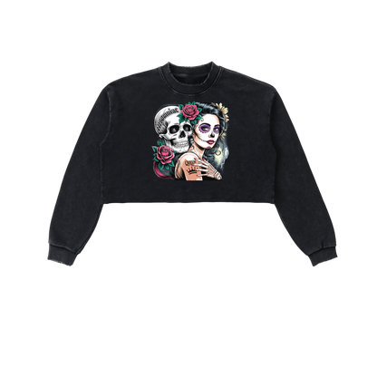 QueenSteph Snow Washed Raw Edge Cropped Sweatshirt
