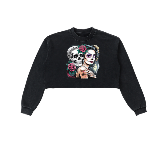 QueenSteph Snow Washed Raw Edge Cropped Sweatshirt