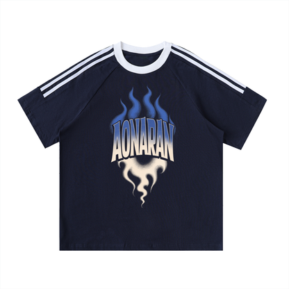 Aonaran Varsity Contrast Tape Crewneck Cotton T-Shirt
