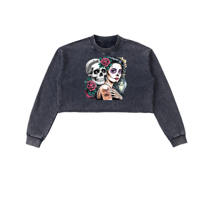 QueenSteph Snow Washed Raw Edge Cropped Sweatshirt