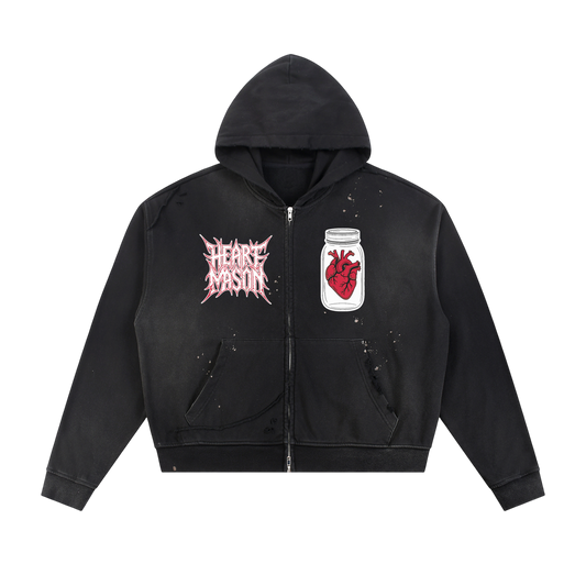 Heart Mason Sun Fade Frayed Raw Edge Fleece Zip Hoodie