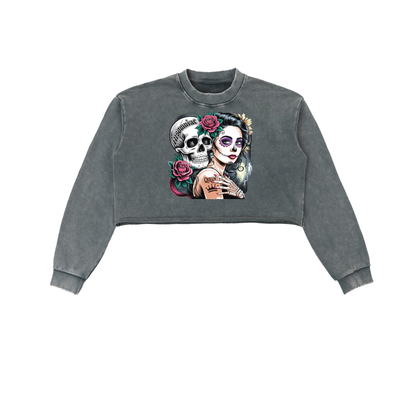 QueenSteph Snow Washed Raw Edge Cropped Sweatshirt