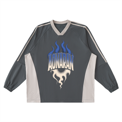 Aonaran Varsity Color-Block V-Neck Long-Sleeve T-Shirt