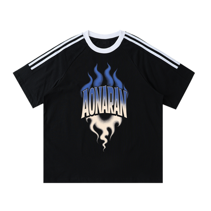 Aonaran Varsity Contrast Tape Crewneck Cotton T-Shirt