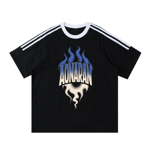 Aonaran Varsity Contrast Tape Crewneck Cotton T-Shirt