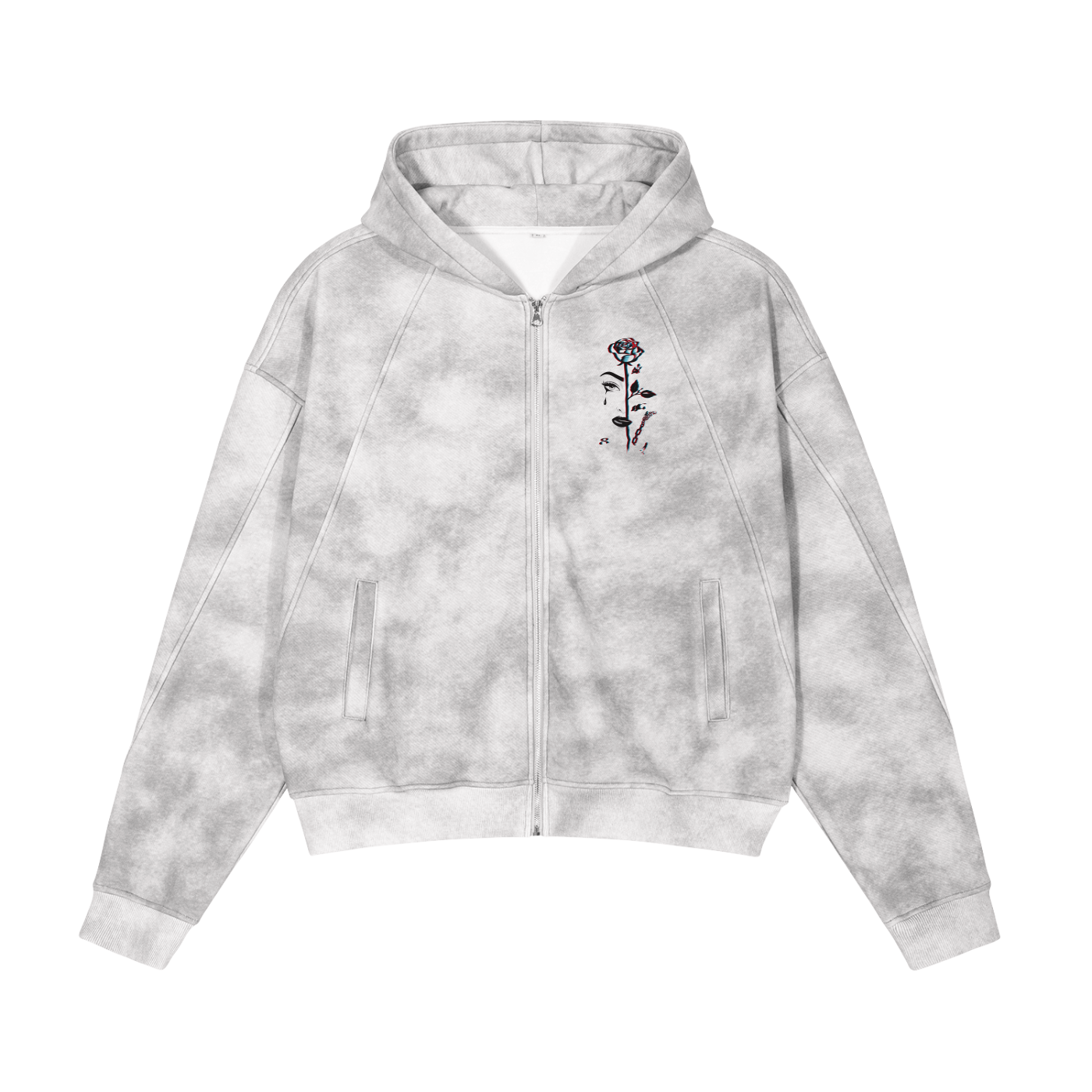 Aonaran 3D Bone Dirty Washed Boxy Zip-up Fleece Hoodie