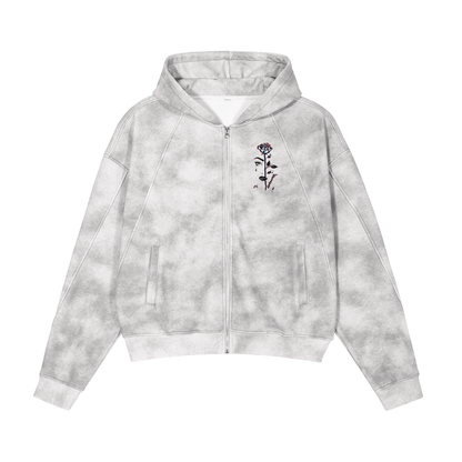 Aonaran 3D Bone Dirty Washed Boxy Zip-up Fleece Hoodie