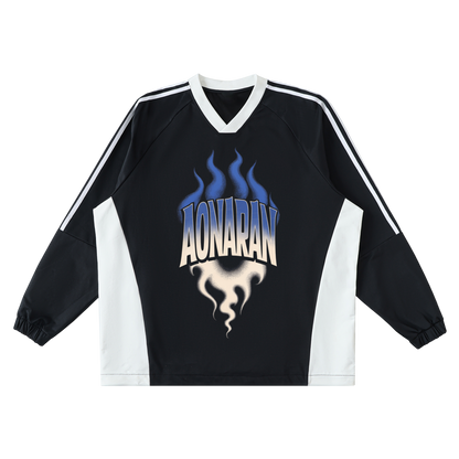 Aonaran Varsity Color-Block V-Neck Long-Sleeve T-Shirt