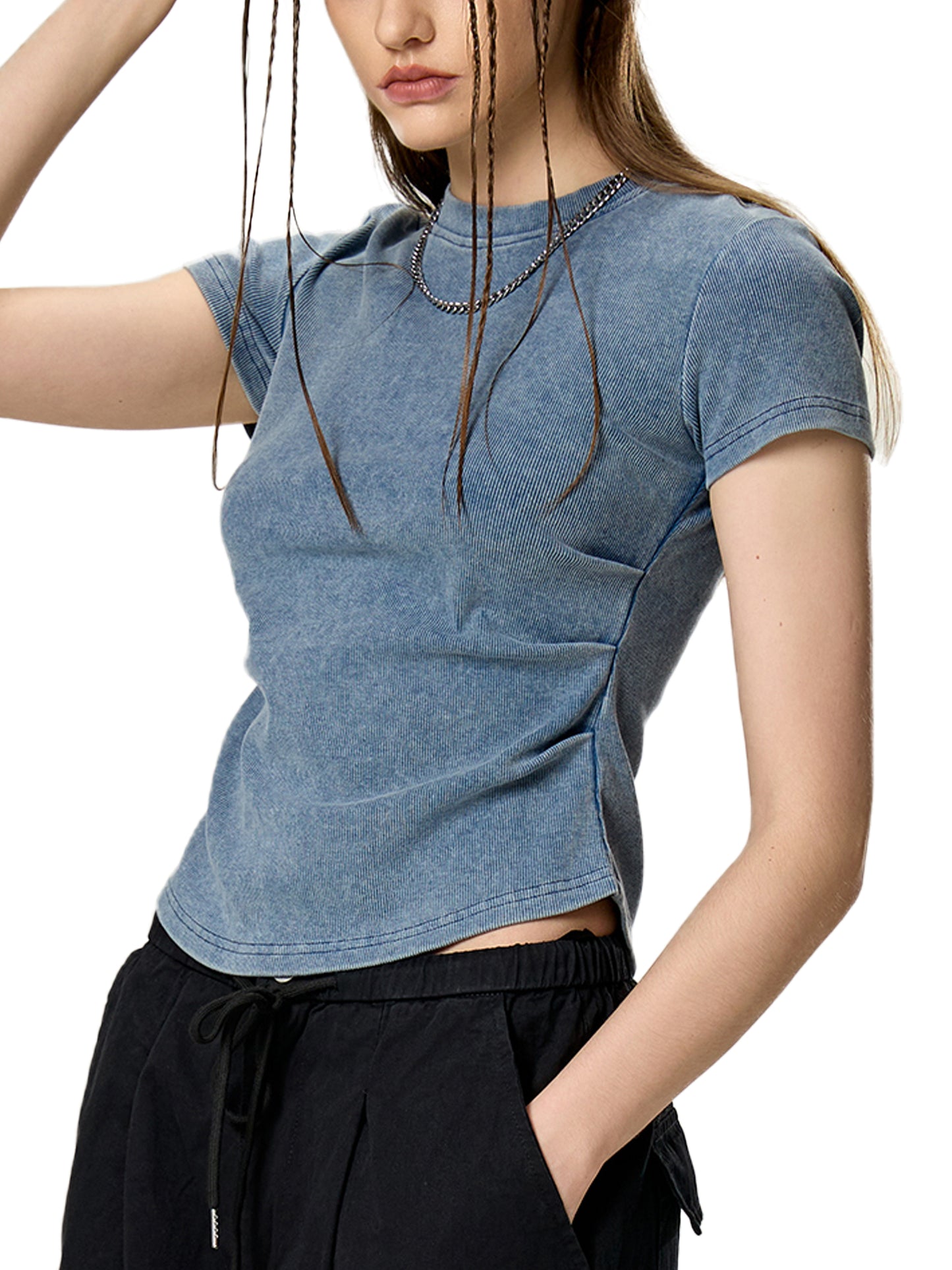 Aonaran Ace Vintaged-Wash Bodycon Cotton T-Shirt